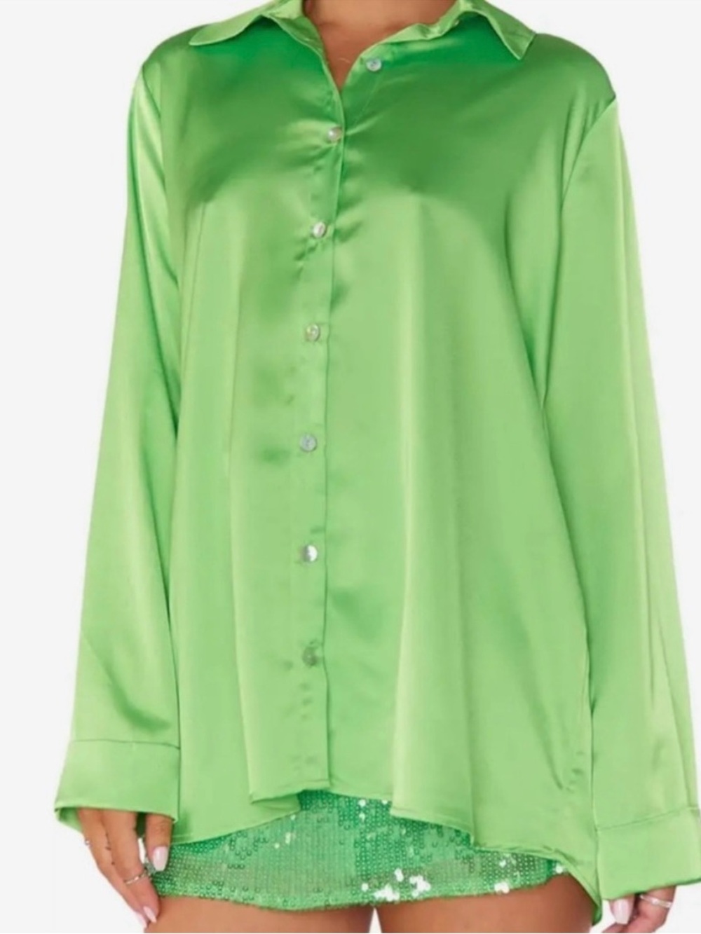 Show Me Your MuMu Lime Satin Button-Down Shirt